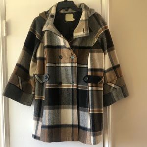 Pins & Needles Plaid Pea Coat in Black, Brown, and Cream